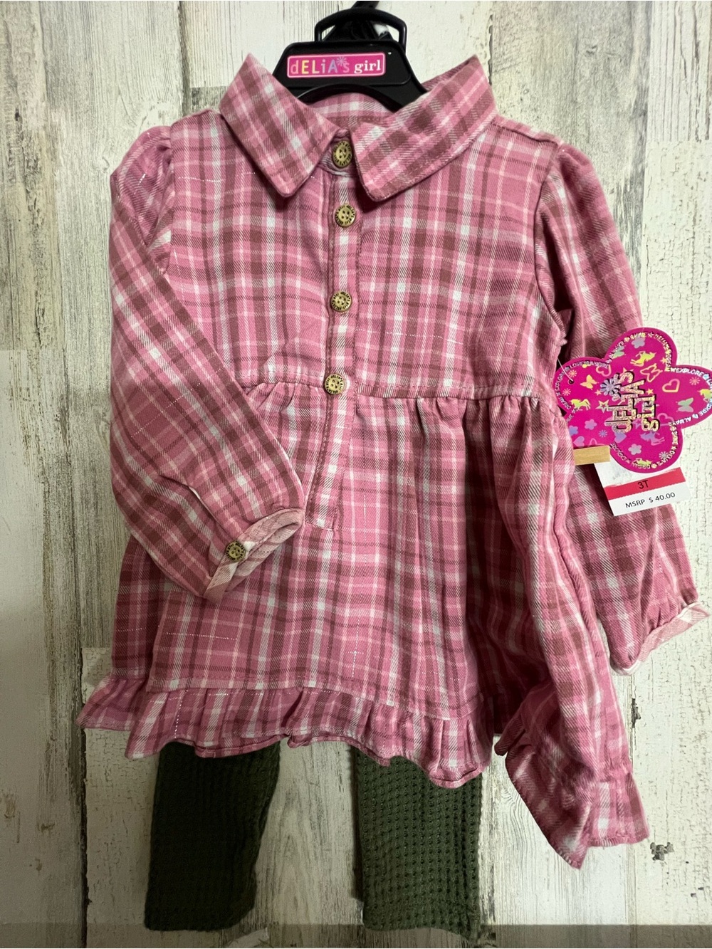 dELiA*s Pink & Silver Plaid Button-Front Tunic Top & green waffle pants NWT Sz3T
